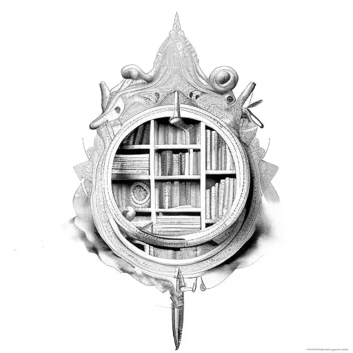 A bookshelf filled with mythological symbols and sewing tools tattoo design idea