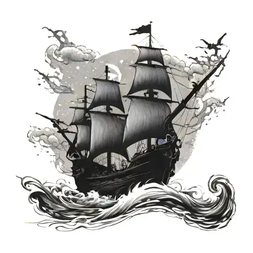 A moonlit night with a ghostly pirate ship in the background tattoo design idea