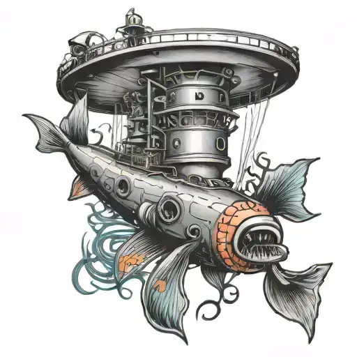 Submarine and squid wrapped tattoo design idea
