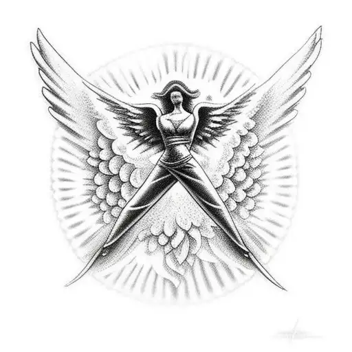 flower at center of an angel winged cross flying over flames tattoo design idea