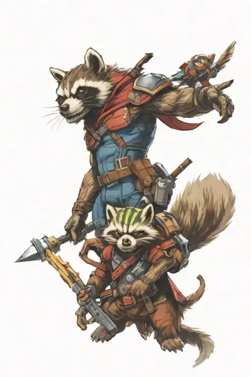 Guardians of the Galaxy with a rocket, the witcher and the medallion, the monkey king tattoo design idea