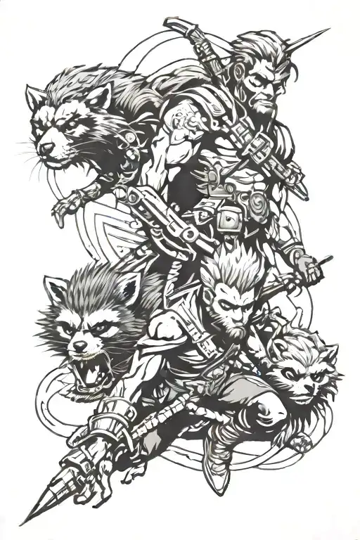 Guardians of the Galaxy with a rocket, the witcher and the medallion, the monkey king tattoo design idea