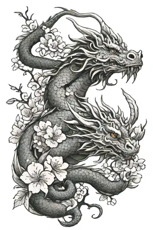 dragon with cherry blossoms in the air around it tattoo design idea