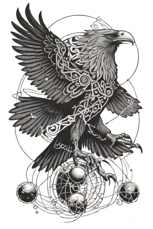 odins raven fighting Zeus eagle within the solar system all weaved together by DNA tattoo design idea
