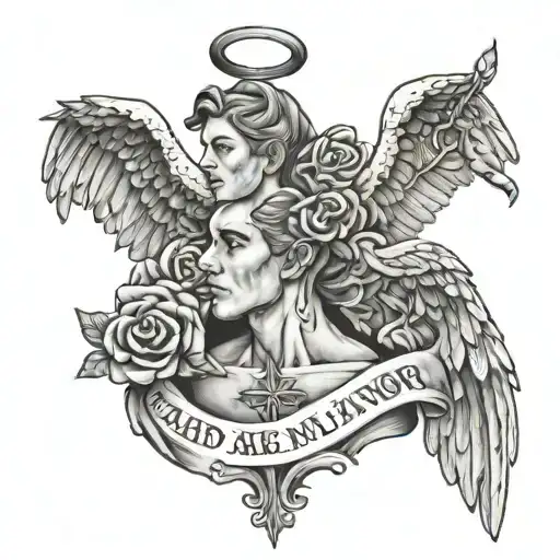 a neck tattoo, with an angel with mc kevin's pose and a phrase "the cards are always in my favor" in English tattoo design idea