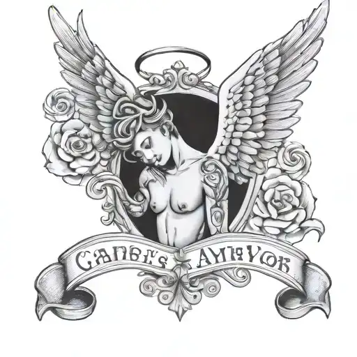 a neck tattoo, with an angel with mc kevin's pose and a phrase "the cards are always in my favor" in English tattoo design idea