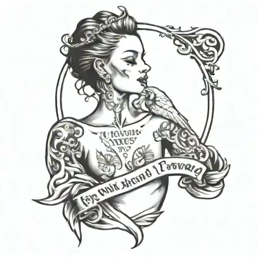 a neck tattoo, with an angel with mc kevin's pose and a phrase "the cards are always in my favor" in English tattoo design idea