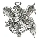 a neck tattoo, with an angel with mc kevin's pose and a phrase "the cards are always in my favor" in English tattoo design idea