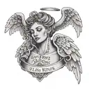 a neck tattoo, with an angel with mc kevin's pose and a phrase "the cards are always in my favor" in English tattoo design idea