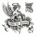 a neck tattoo, with an angel with mc kevin's pose and a phrase "the cards are always in my favor" in English tattoo design idea