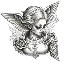 a neck tattoo, with an angel with mc kevin's pose and a phrase "the cards are always in my favor" in English tattoo design idea