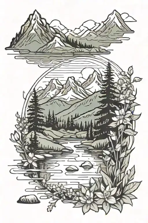 field full of wildflowers, with a majestic mountain range in the background and a serene lake reflecting the scenery tattoo design idea