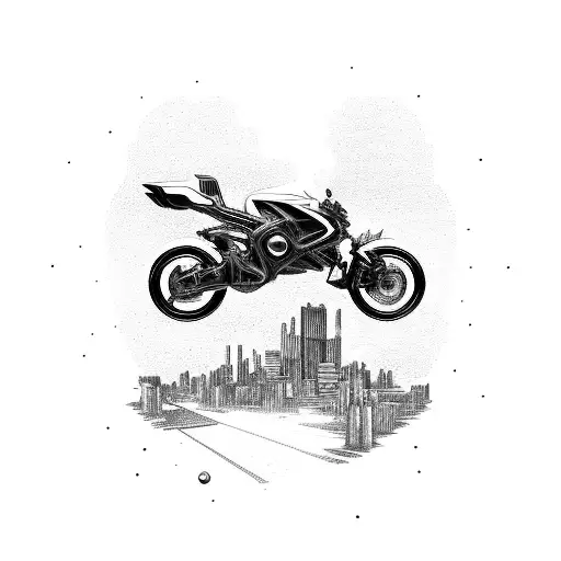 A motorcycle speeding through a futuristic cityscape, with dotwork shading and a hidden scorpion emblem on the bike tattoo design idea