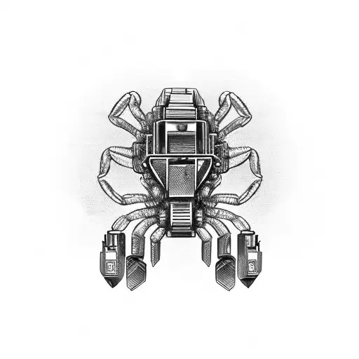 A gaming controller morphing into a mechanical scorpion, with black-grey shading and circuitry details tattoo design idea