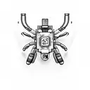 A gaming controller morphing into a mechanical scorpion, with black-grey shading and circuitry details tattoo design idea