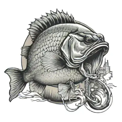 A realistic tattoo of a fisherman reeling in a giant bass, with a backdrop of the Detroit skyline tattoo design idea