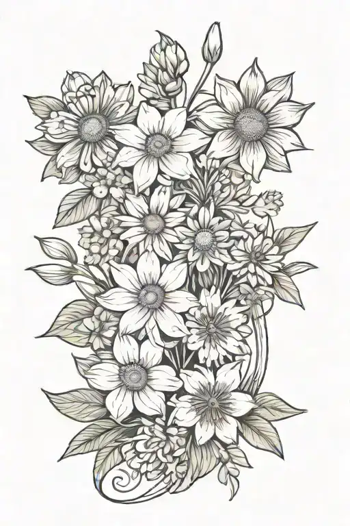 minimalist "bouquet with daffodil, larkspur, water lily, daisy, sweet pea, chrysanthemums, marigolds, cosmos" tattoo  tattoo design idea