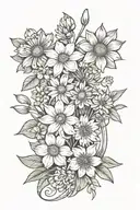 minimalist "bouquet with daffodil, larkspur, water lily, daisy, sweet pea, chrysanthemums, marigolds, cosmos" tattoo  tattoo design idea