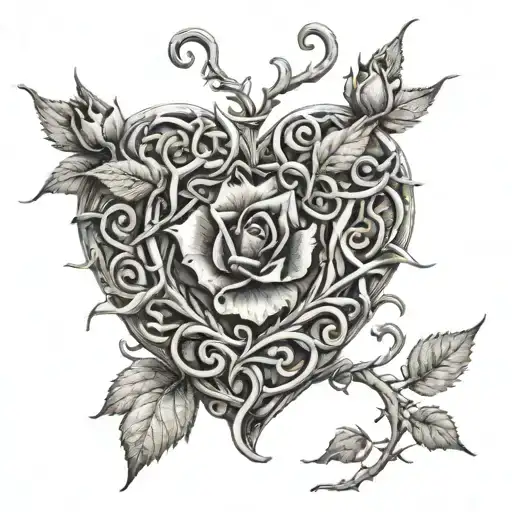 A dotwork tattoo of a heart-shaped flower vine with thorns, symbolizing the beauty and pain of love tattoo design idea