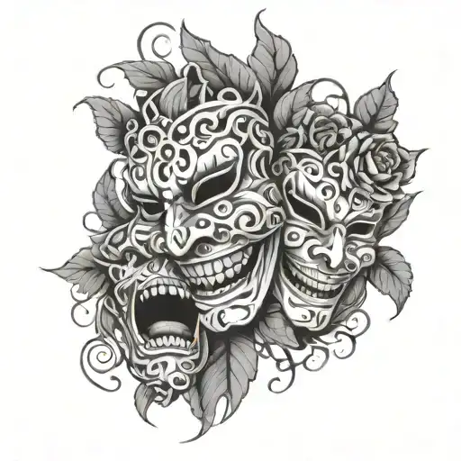 A bold and intricate design of laugh now cry later masks entwined with thorny vines and blooming flowers, representing the complexities of human emotions tattoo design idea