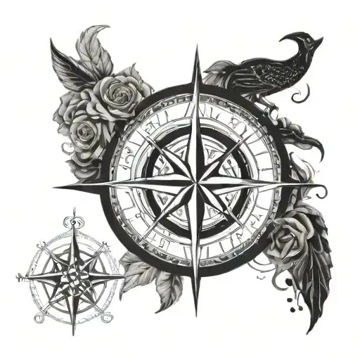 A detailed compass rose with a mother and son silhouette in the center, representing guidance and love tattoo design idea
