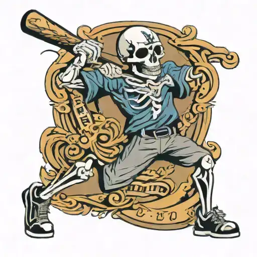 a skelton swinging a baseball bat wearing a yankee cap tattoo design idea