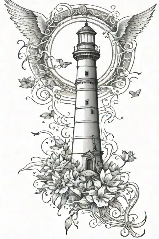 mommy, angel, lighthouse guiding, love, grounding, lotus, tree of life, rain tattoo design idea