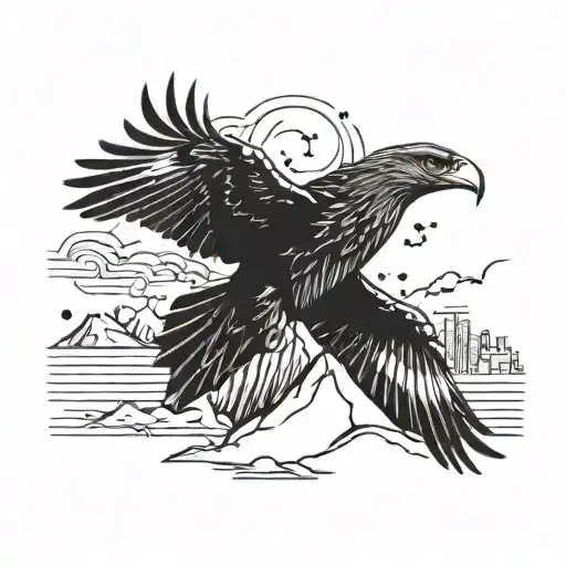 A majestic blackwork tattoo of a soaring eagle flying over a mountain range, with musical notes intertwined in the design tattoo design idea