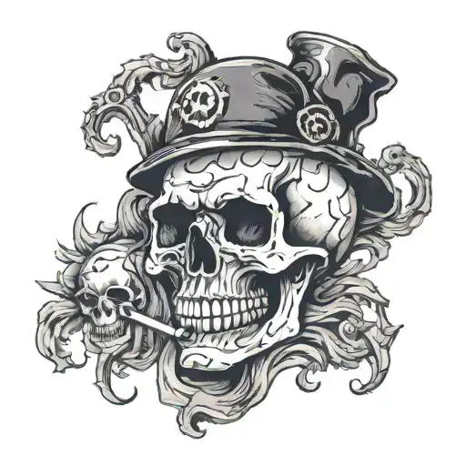 Skull, darkness, gloomy, decorated, shadow, smoke, banknote, crumpled, torn, number: 15000€, high contrast tattoo design idea