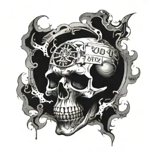 Skull, darkness, gloomy, decorated, shadow, smoke, banknote, crumpled, torn, number: 15000€, high contrast tattoo design idea