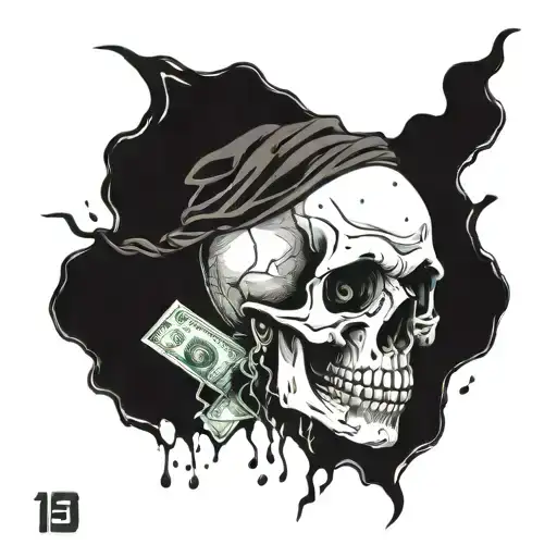 Skull, darkness, gloomy, decorated, shadow, smoke, banknote, crumpled, torn, number: 15000$, high contrast, money tattoo design idea