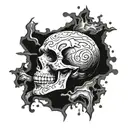 Skull, darkness, gloomy, decorated, shadow, smoke, banknote, crumpled, torn, number: 15000€, high contrast tattoo design idea