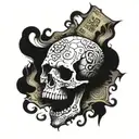 Skull, darkness, gloomy, decorated, shadow, smoke, banknote, crumpled, torn, number: 15000€, high contrast tattoo design idea