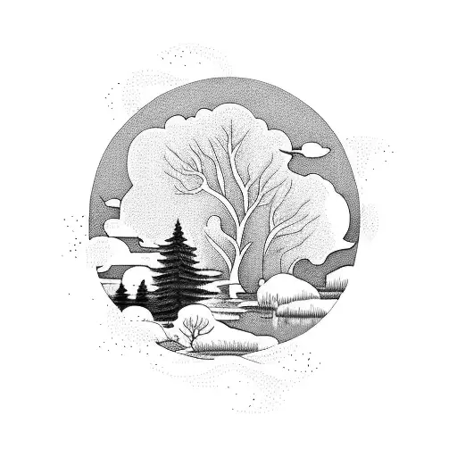 A serene landscape featuring a flowing river, trees, and animals, capturing the tranquility of nature and your deep connection to your daughters and their love for the outdoors. tattoo design idea