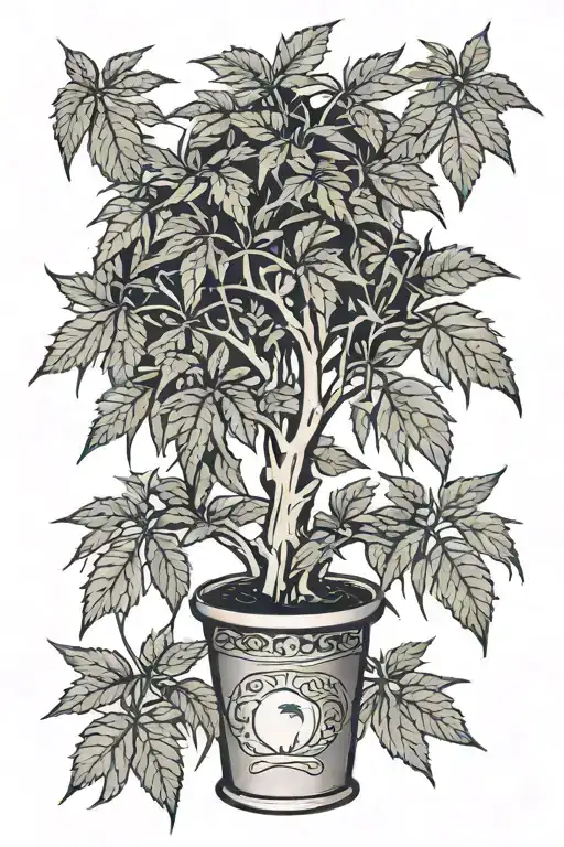 A black and grey tattoo of a money tree growing cannabis leaves instead of regular leaves tattoo design idea