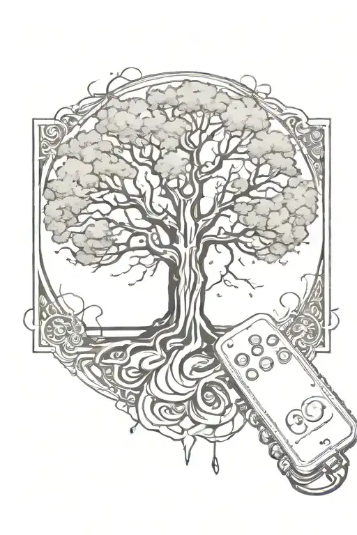 Tattoo stencil for forearm with big tree for background with shadows and small controller placed down in the middle tattoo design idea