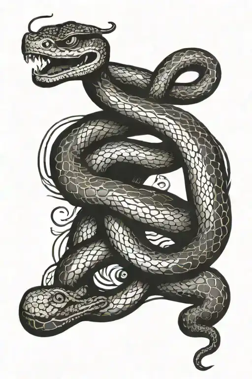 A snake coiled around a scroll of Chinese literature with musical notes flowing out of it tattoo design idea