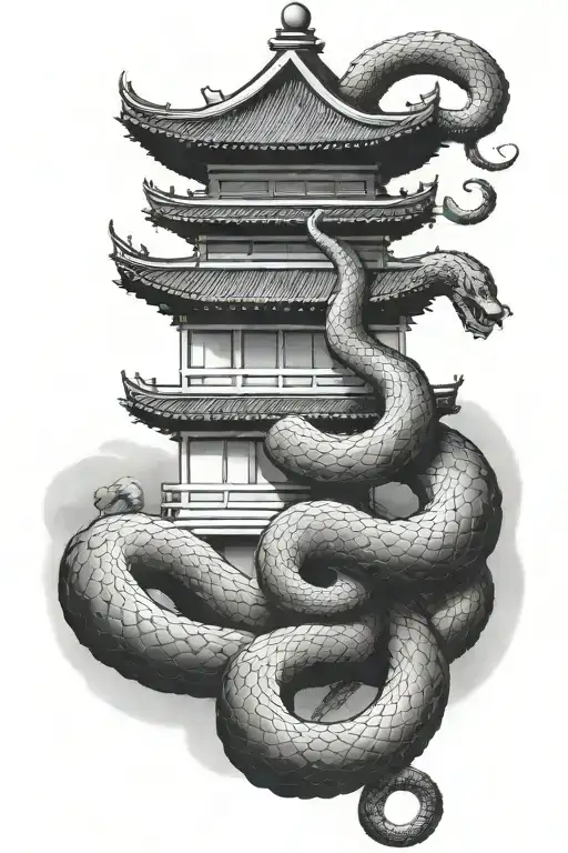 A Chinese pagoda with a big snake coiled around it tattoo design idea