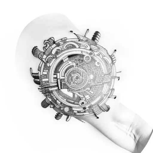 Cyberpunk-inspired biomechanical arm with circuitry and mechanical gears tattoo design idea