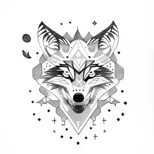 wolf face with a Forrest on the top with a bear  walking and moon with birds tattoo design idea