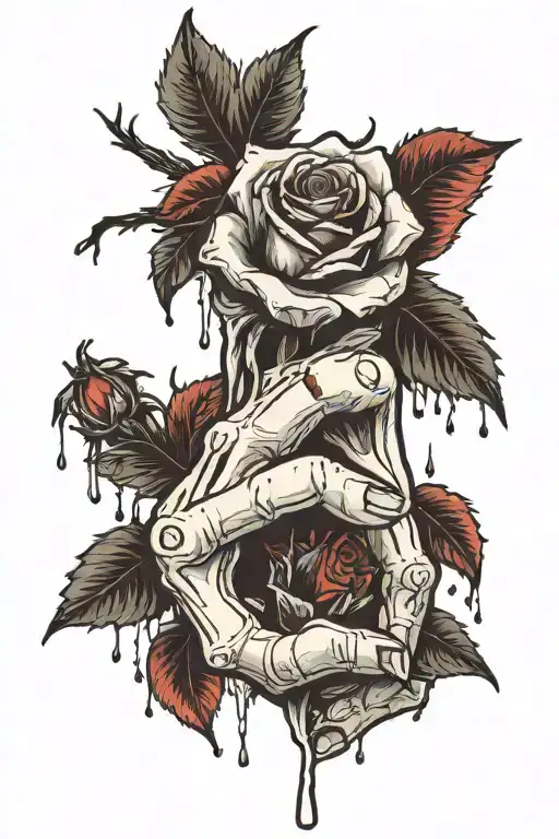 bone hand holding dying rose over a bloody palm print tattoo design idea
