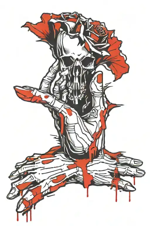bone hand holding dying rose over a bloody palm print tattoo design idea