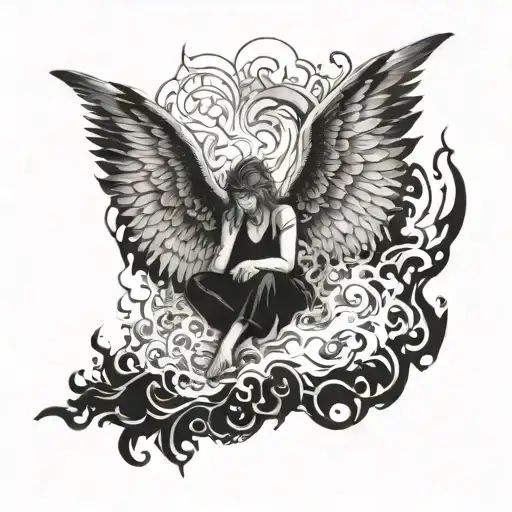 fallen angel tryinng to fly in flames tattoo design idea