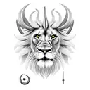  lion with horns, fangs, scar on the left eye and long mane on a red background  tattoo design idea