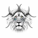  lion with horns, fangs, scar on the left eye and long mane on a red background  tattoo design idea