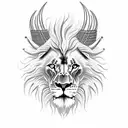  lion with horns, fangs, scar on the left eye and long mane on a red background  tattoo design idea