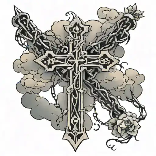 cross with cloudy background and a barbed wire wrapped tattoo design idea