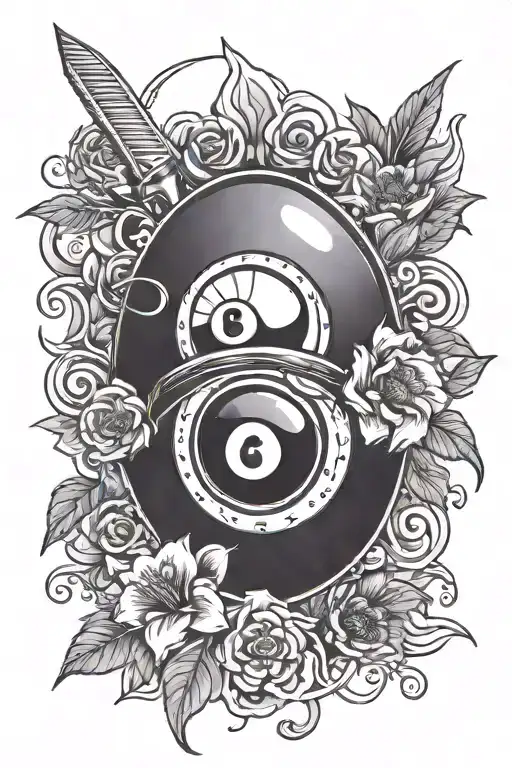 magic eight ball with knife and flowers tattoo design idea