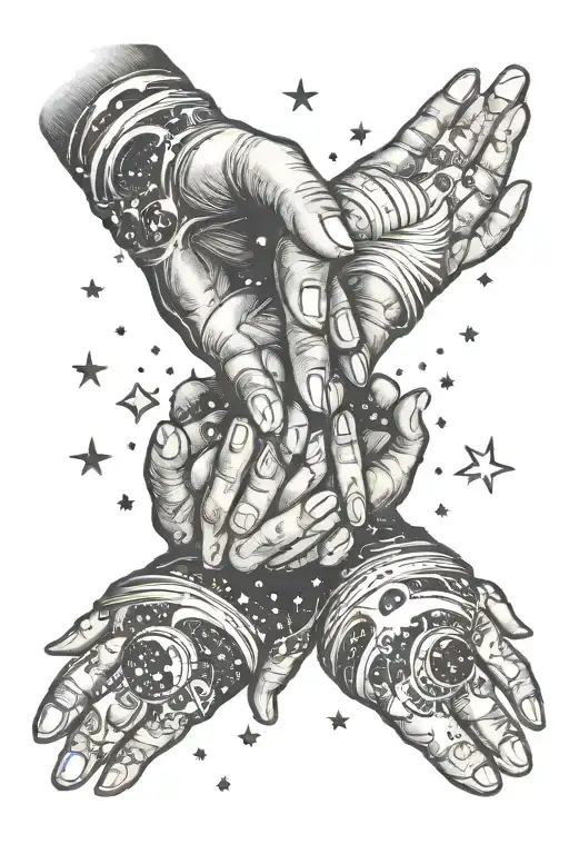 milky way, stars, hands tattoo design idea