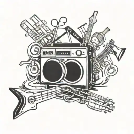 A signwriter's tools intertwined with musical symbols and travel landmarks tattoo design idea